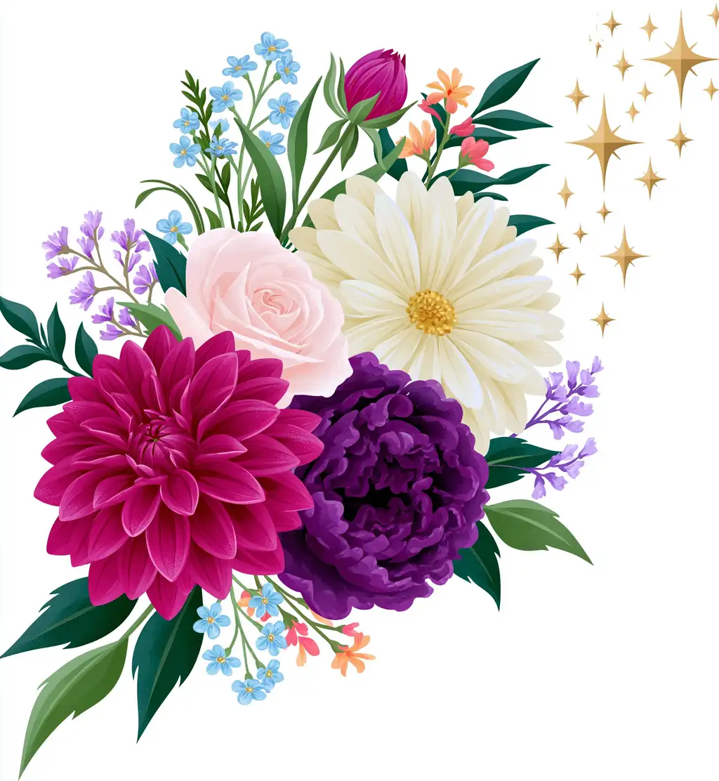 Colorful floral arrangement with magenta dahlia white chrysanthemum pink rose purple peony and golden sparkles