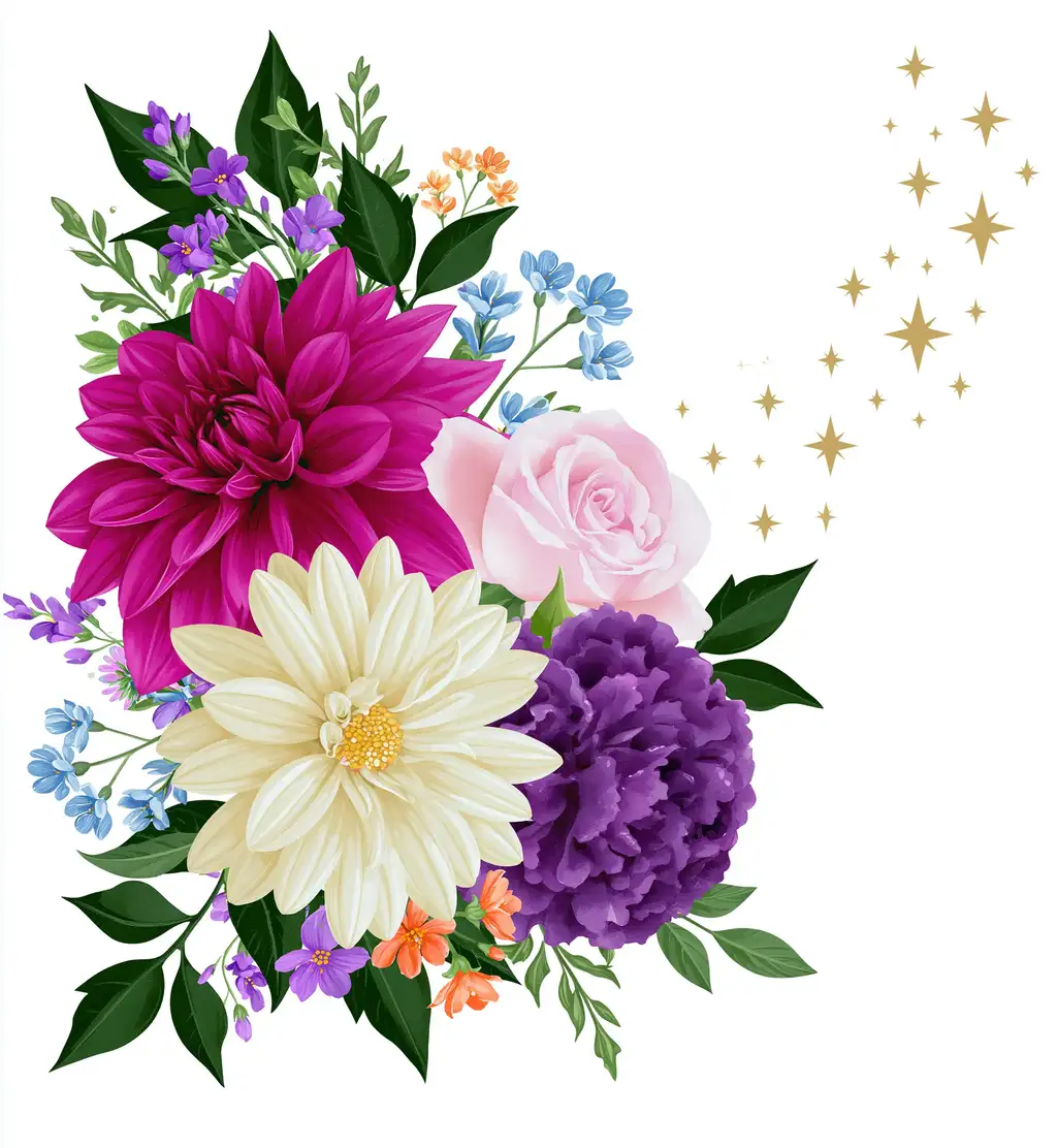 Colorful floral arrangement with magenta dahlia white chrysanthemum pink rose purple peony and golden sparkles