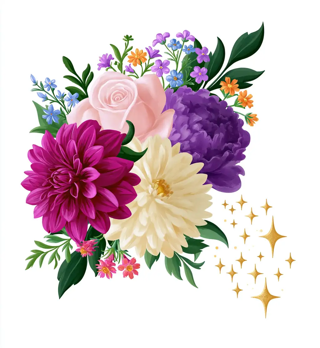 Colorful floral arrangement with magenta dahlia white chrysanthemum pink rose purple peony and golden sparkles