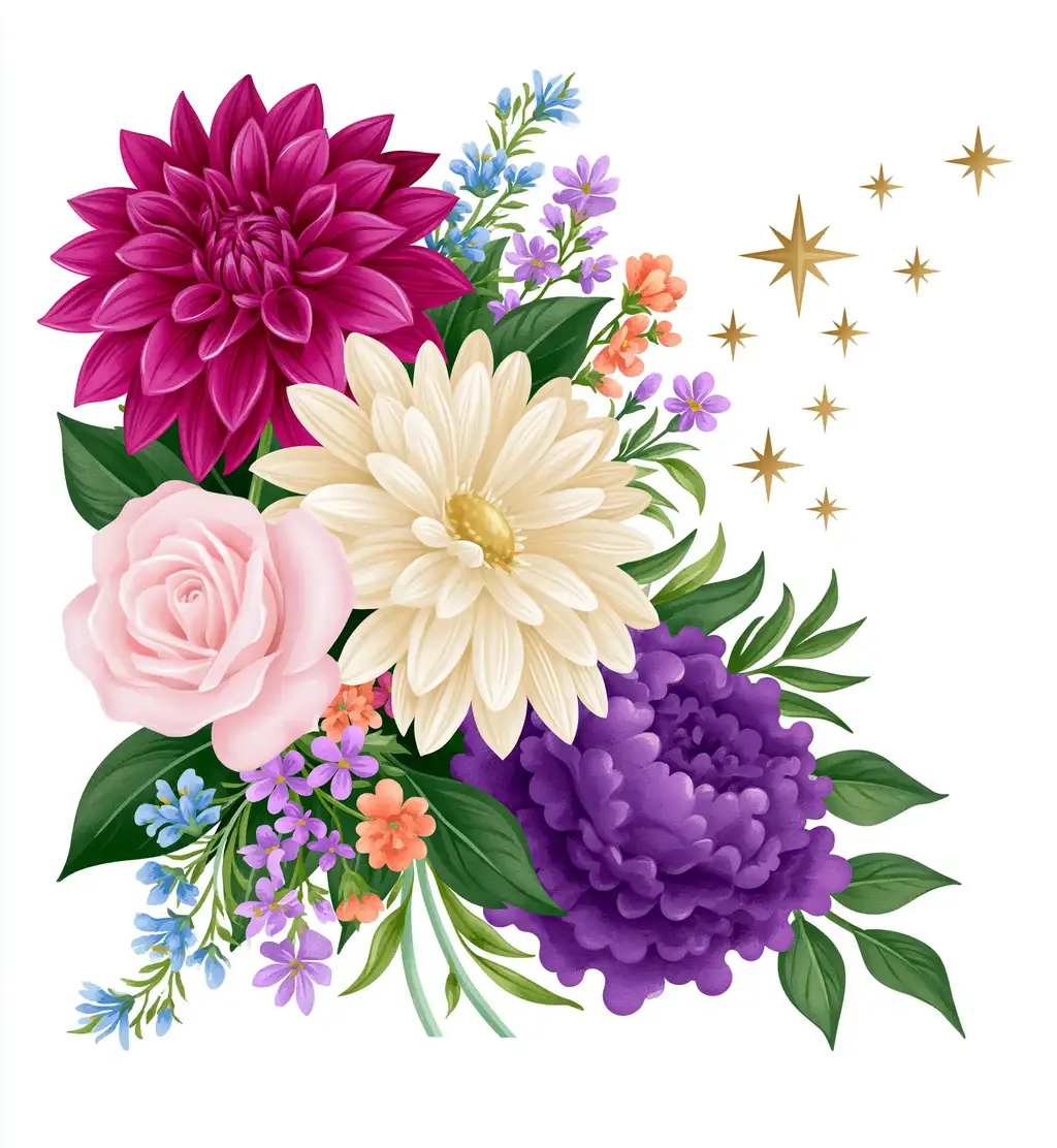 Colorful floral arrangement with magenta dahlia white chrysanthemum pink rose purple peony and golden sparkles
