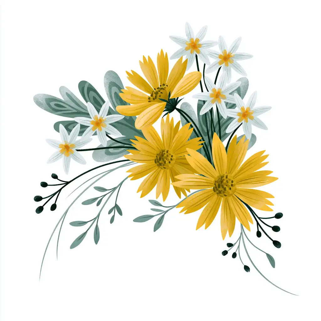 Watercolor floral arrangement with yellow and white flowers