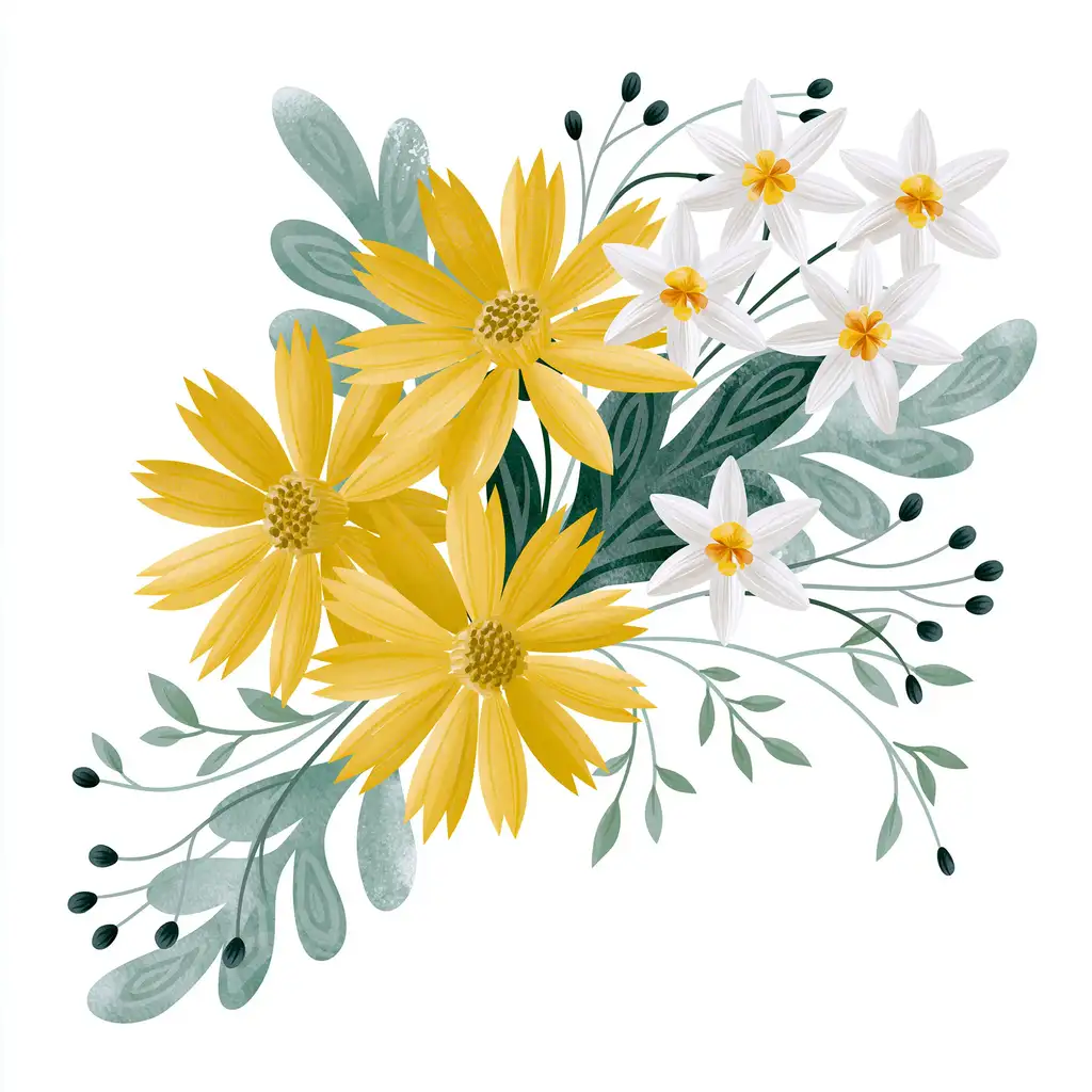 Watercolor floral arrangement with yellow and white flowers