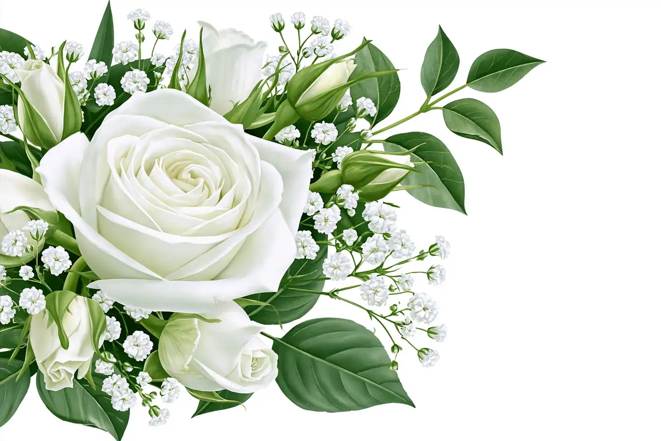 White rose floral arrangement with green leaves and small white flowers on white background
