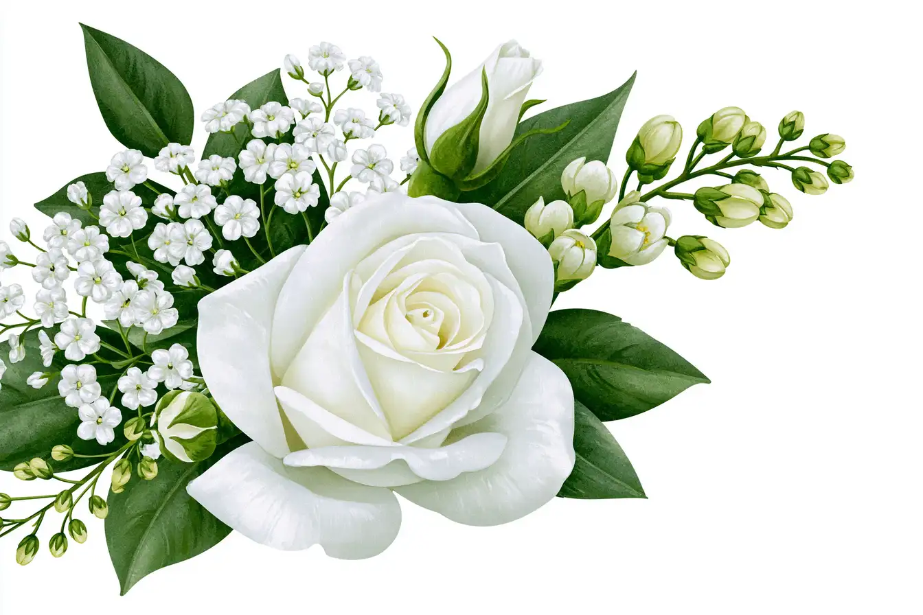 White rose floral arrangement with green leaves and small white flowers on white background
