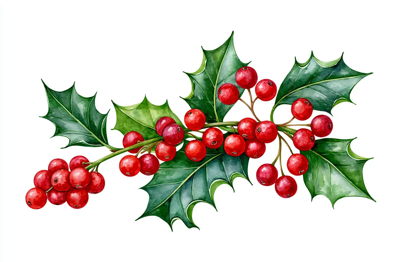 Watercolor Holly Branch with Red Berries and Green Leaves