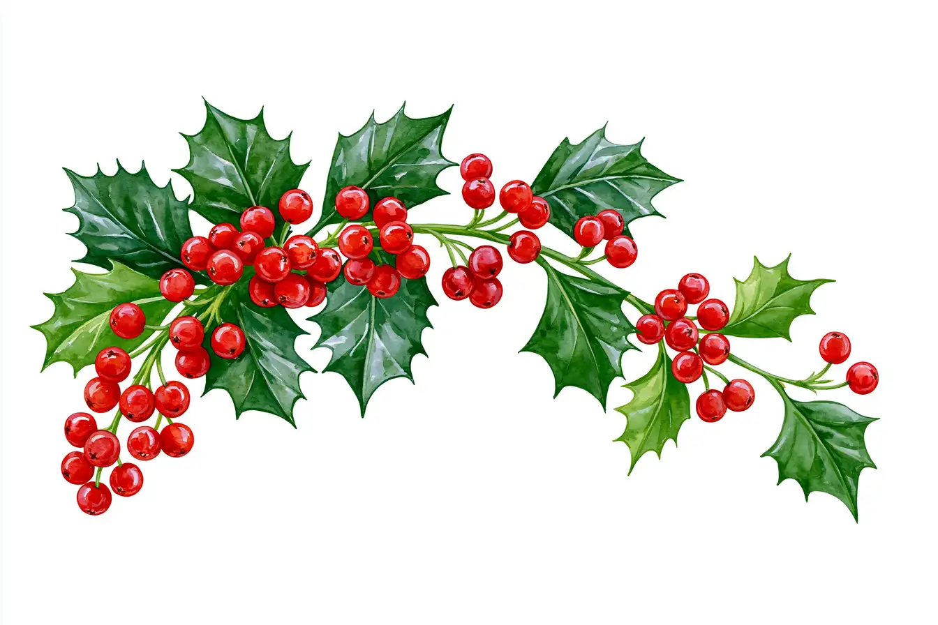 Watercolor Holly Branch with Red Berries and Green Leaves