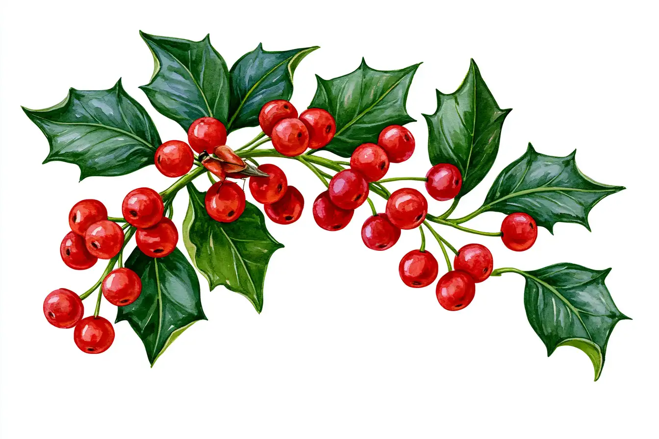 Watercolor Holly Branch with Red Berries and Green Leaves