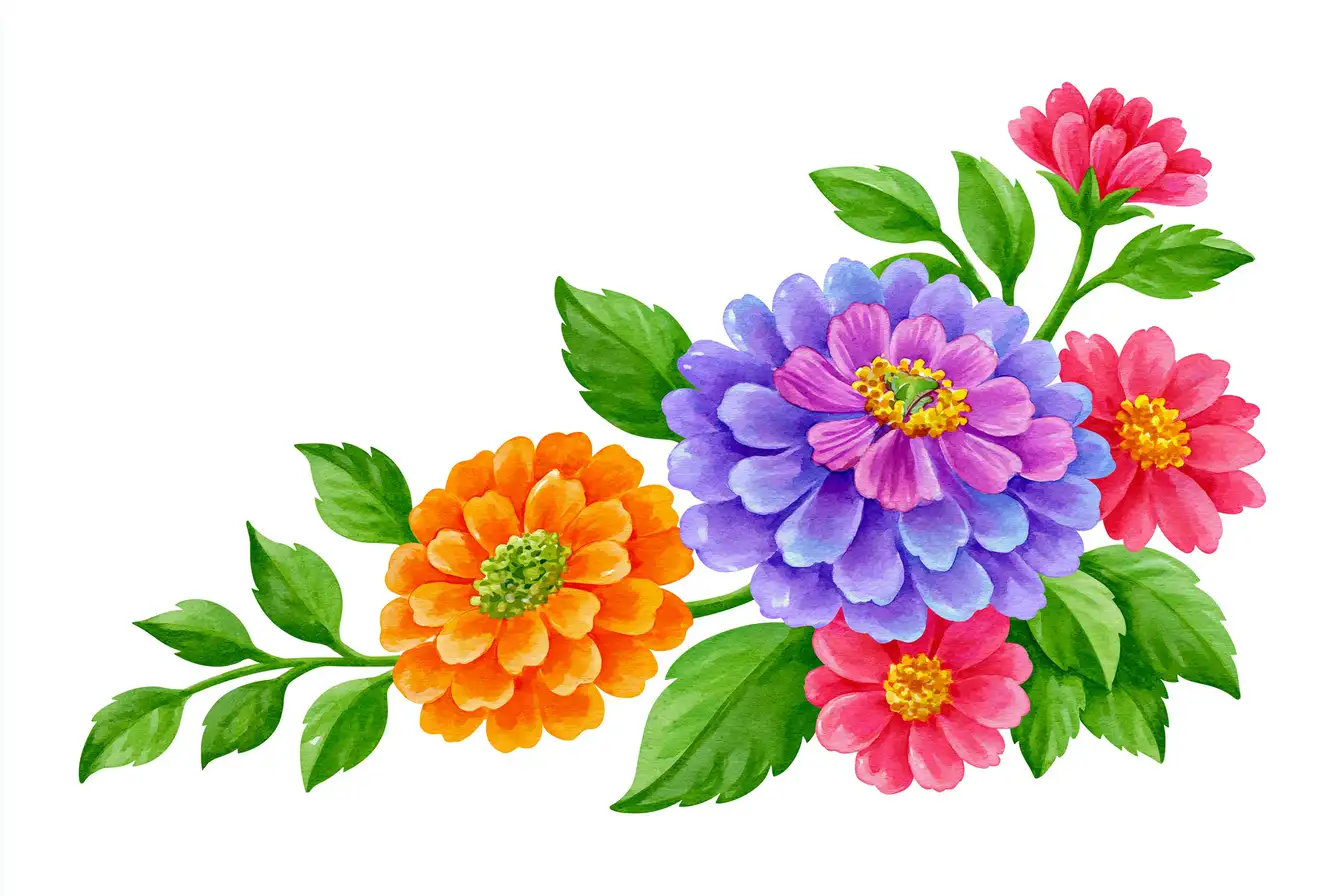 Watercolor zinnia floral corner border with purple and orange flowers