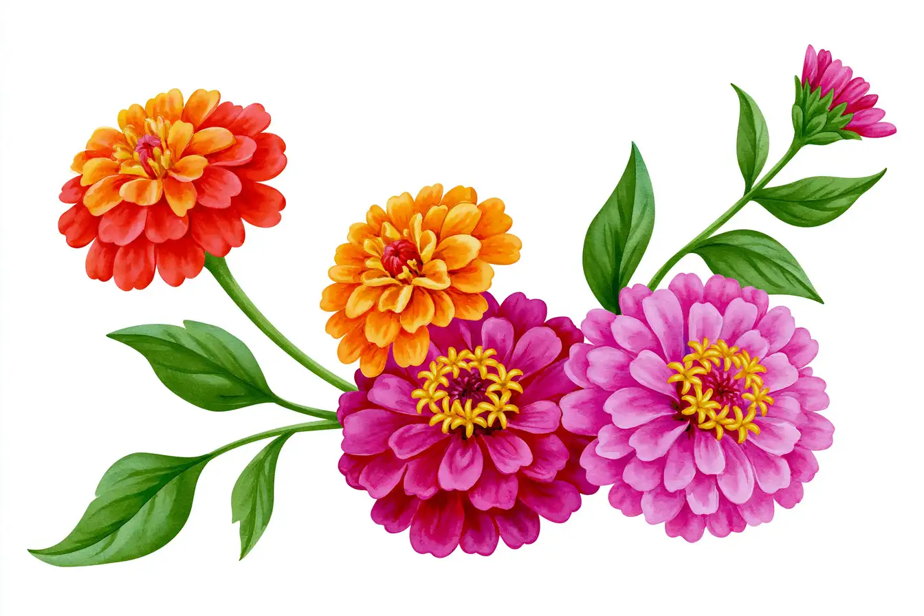 Watercolor zinnia floral corner border with purple and orange flowers