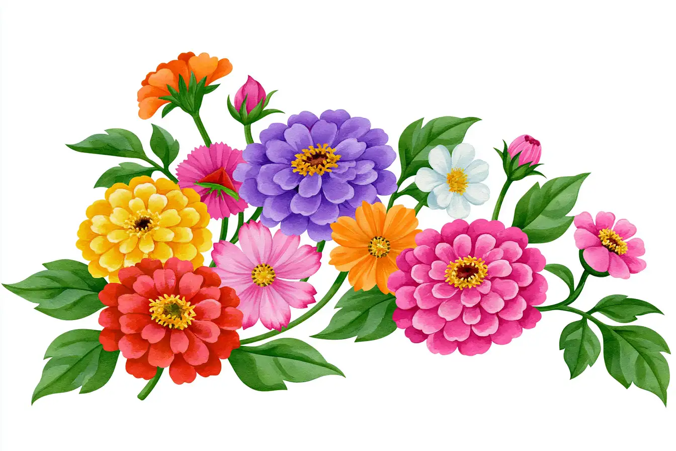 Watercolor zinnia floral corner border with purple and orange flowers